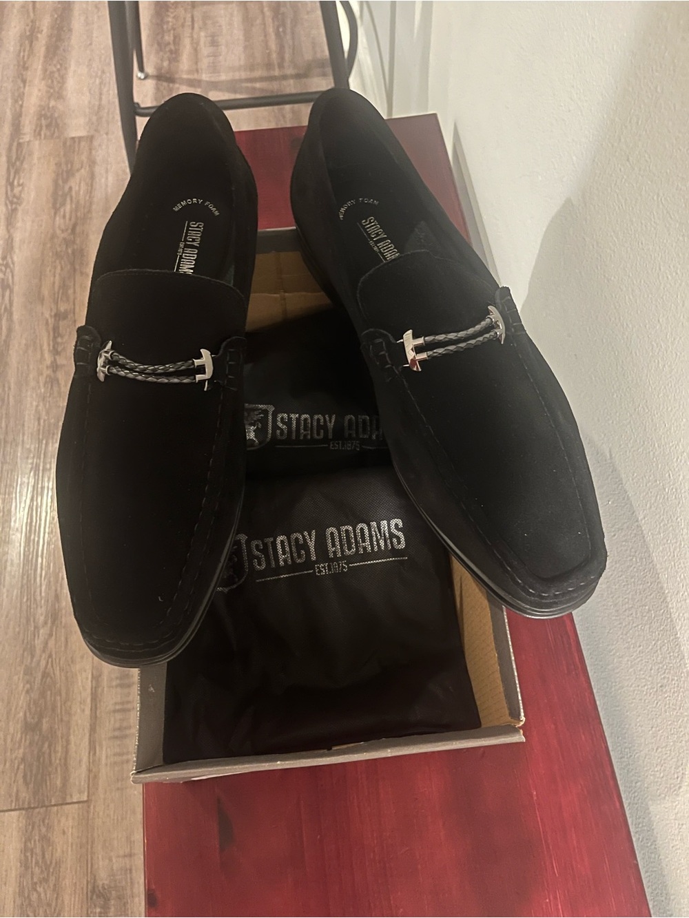 Stacy Adams Black Suede Slip-On Loafers with Braided Bit